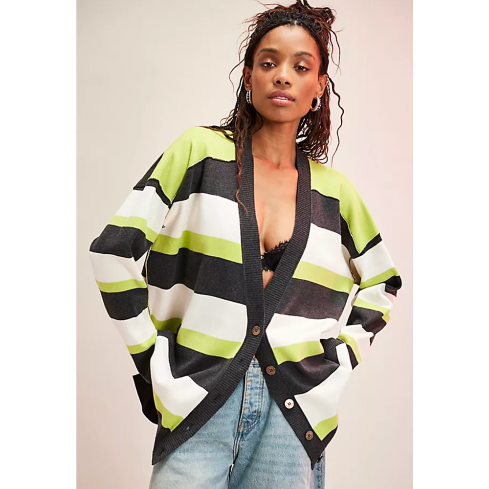 NEW FREE PEOPLE AURORA CARBON LIME LEAGUE OF HER OWN STRIPED CARDIGAN SWEATER XS